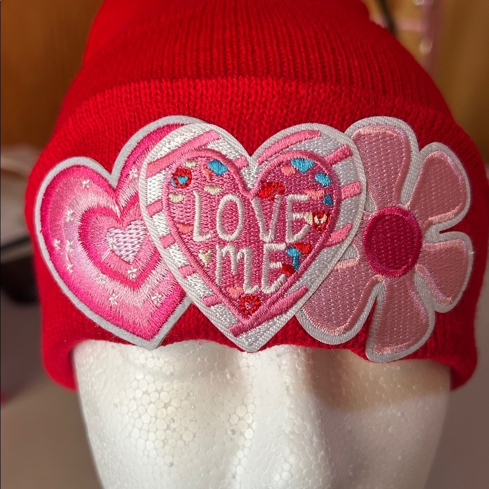 Women's Red Beanie with Heart and Flower Design - Picture 5 of 5